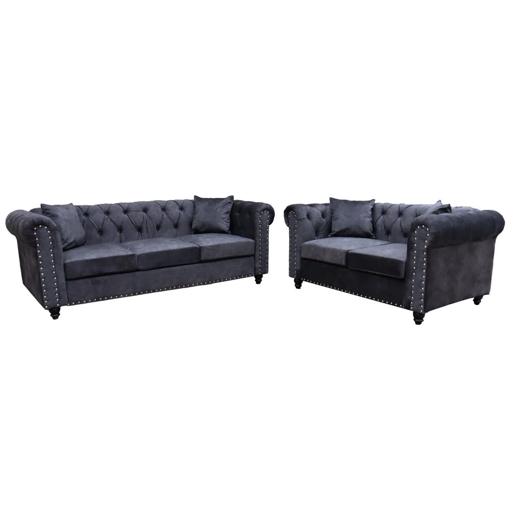 Oceanside Velvet 3+2 Seater Sofa Set In Dark Grey