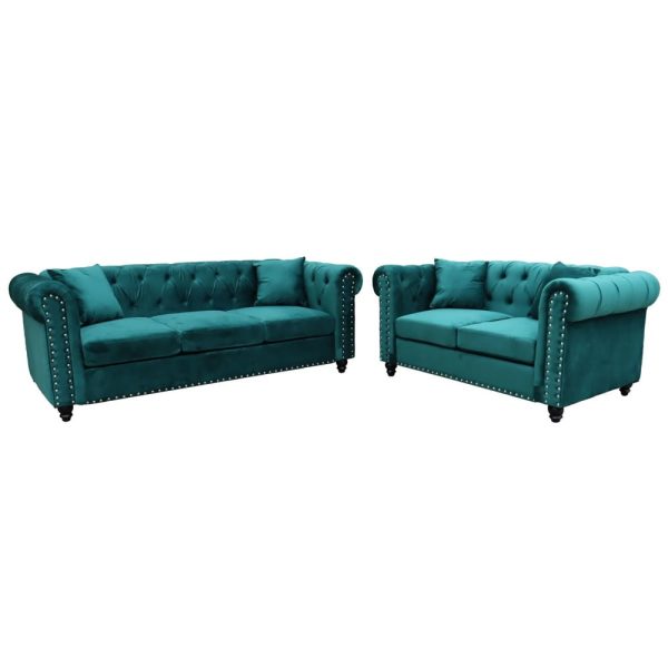 Oceanside Velvet 3+2 Seater Sofa Set In Green | Bed Sava