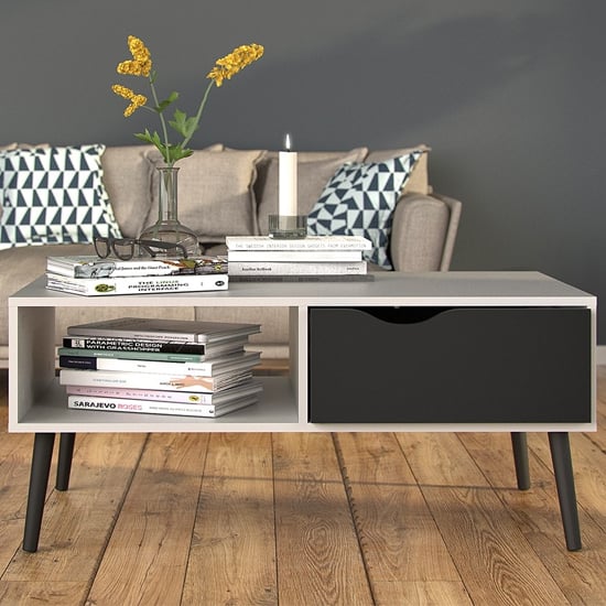 Oklo Wooden Coffee Table With 1 Drawer In White And Matt Black