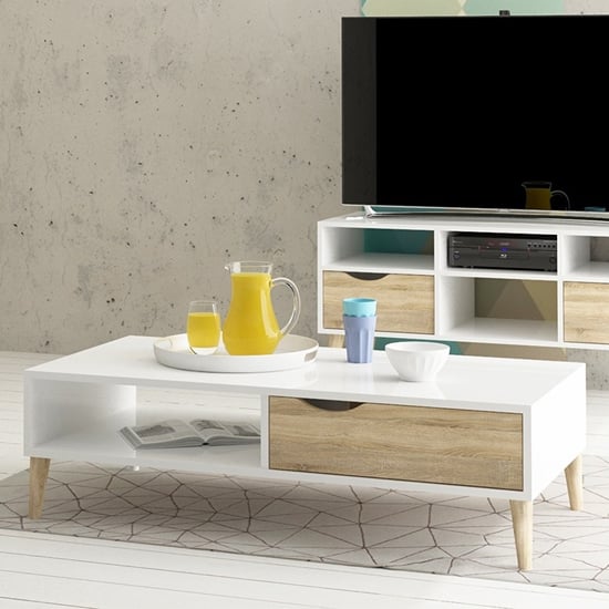 Oklo Wooden Coffee Table With 1 Drawer In White And Oak