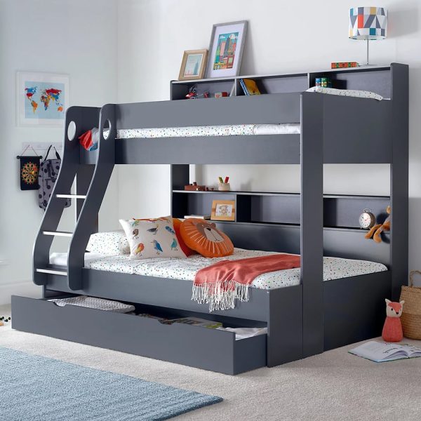 Olympia Wooden Triple Sleeper Bunk Bed With Drawer In Grey | Bed Sava