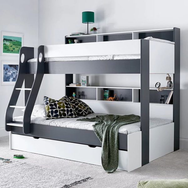 Olympia Wooden Triple Sleeper Bunk Bed With Drawer In Grey White | Bed Sava