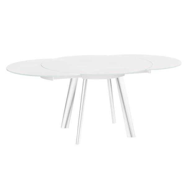 Ontario White Glass Extending Dining Table With Stainless Steel Base | Bed Sava