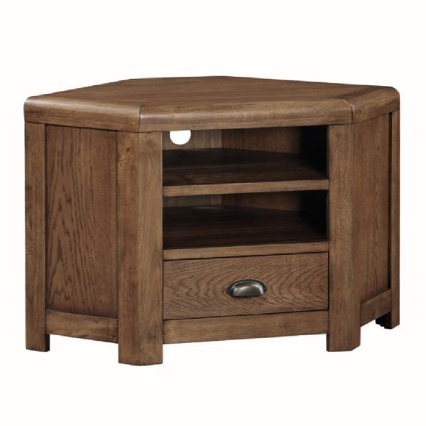 Ontario Wooden Corner TV Stand With 1 Drawer In Dark Oak | Bed Sava