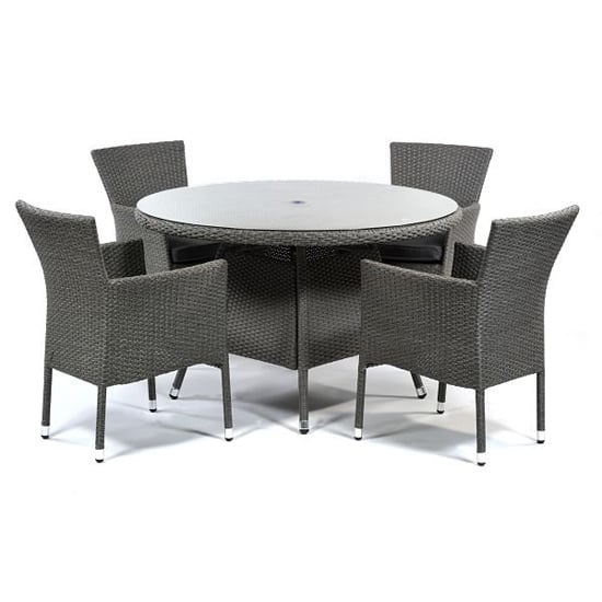 Onyx Rattan Round Dining Table With 4 Armchairs In Grey Weave