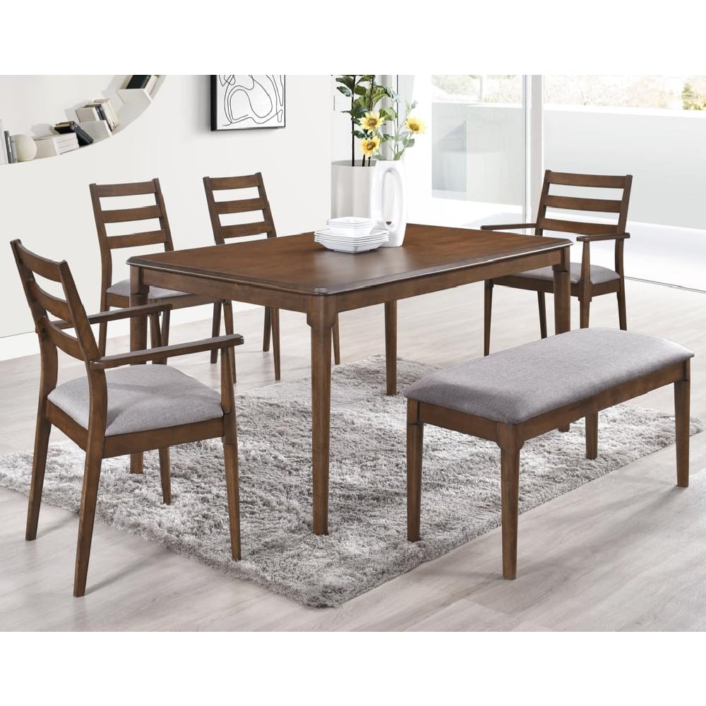 Orillia Wooden Dining Table With 4 Chairs And 1 Bench In Walnut