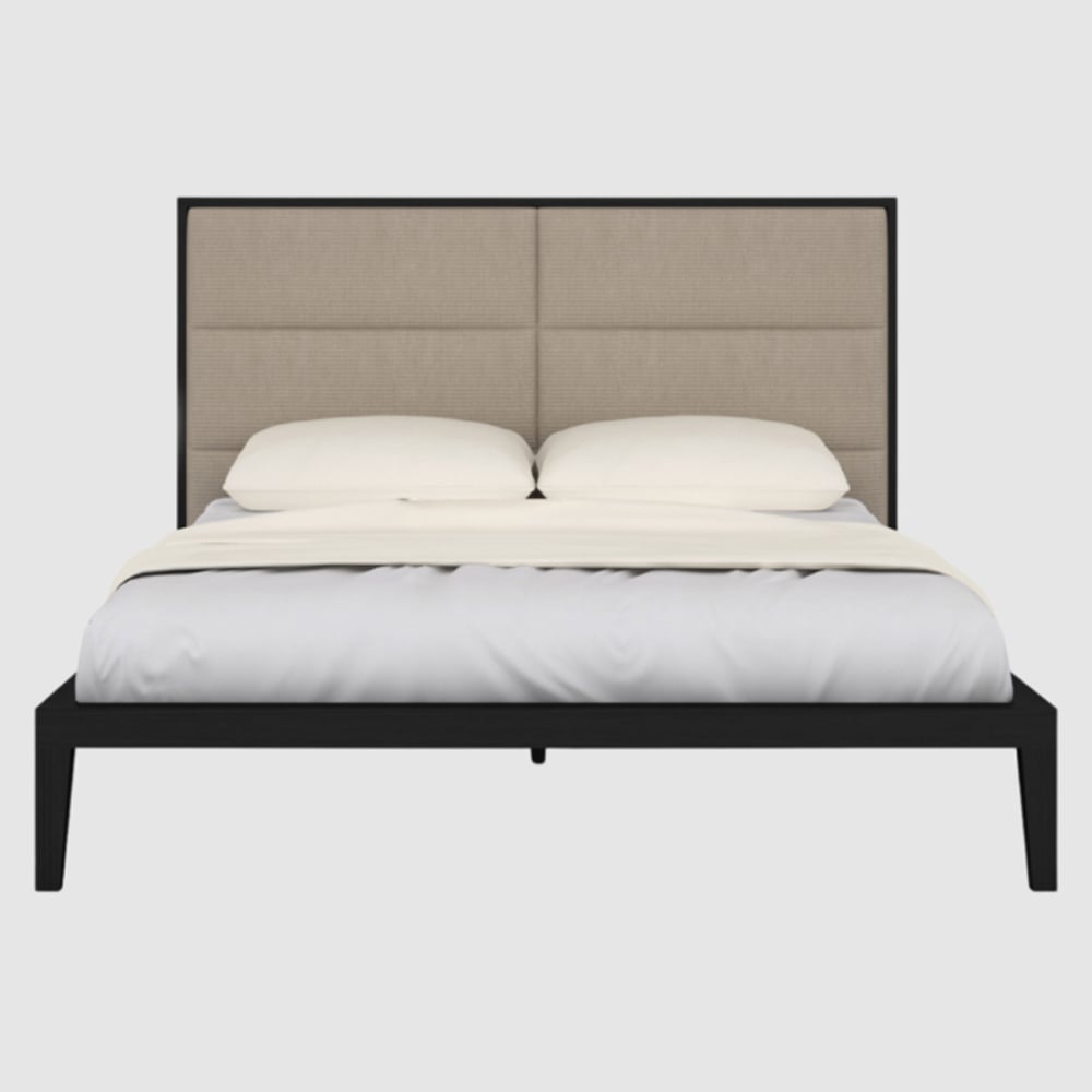 Orillia Wooden King Size Bed With Beige Fabric Headboard In Wenge