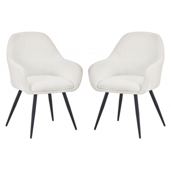 Orno White Boucle Fabric Dining Chairs With Black Legs In Pair