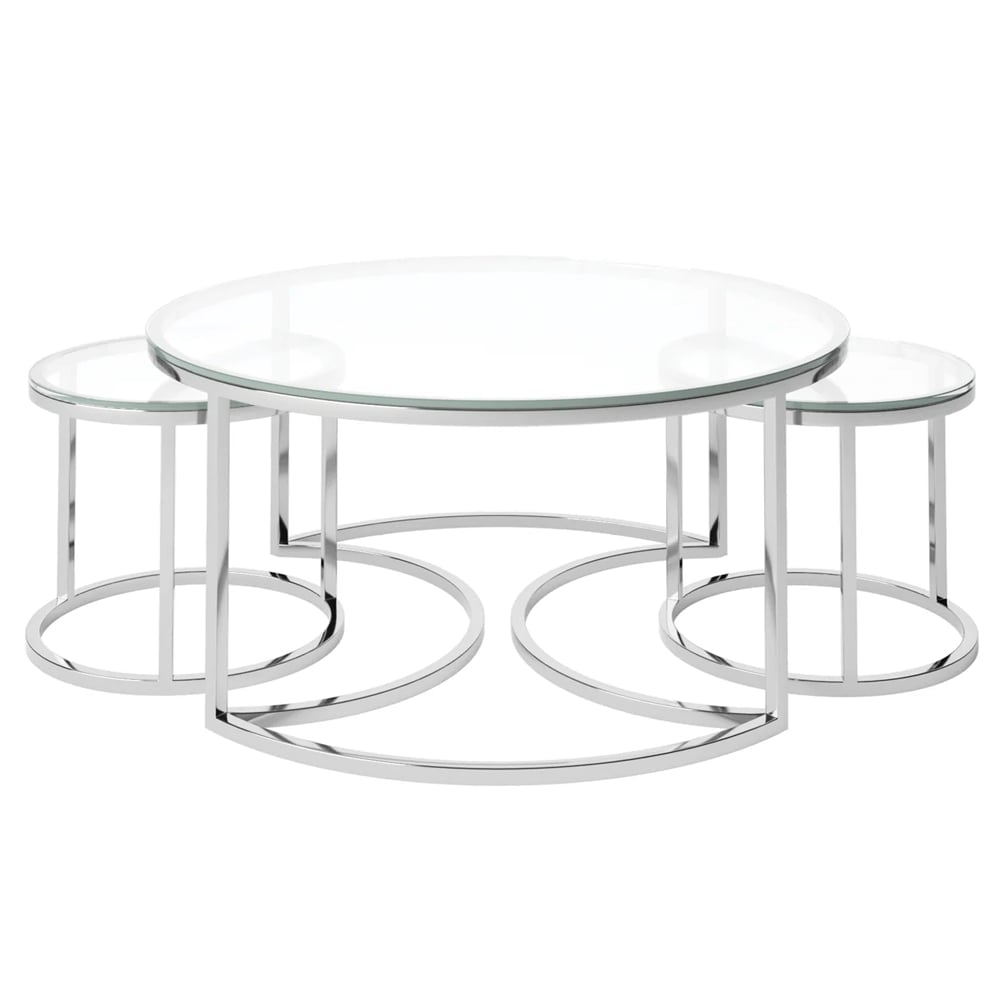 Oromo Clear Glass Nesting Coffee Tables With Stainless Steel Frame
