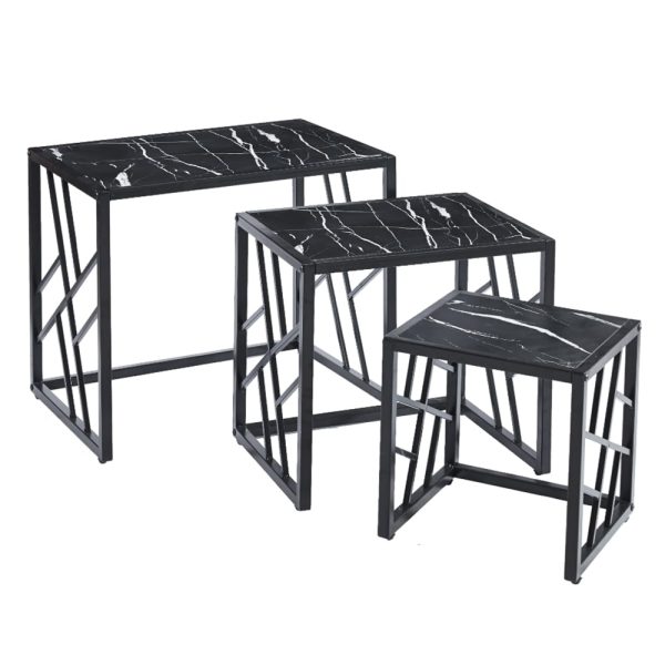 Ovid Gloss Black Marble Effect Nest Of 3 Tables With Black Frame | Bed Sava