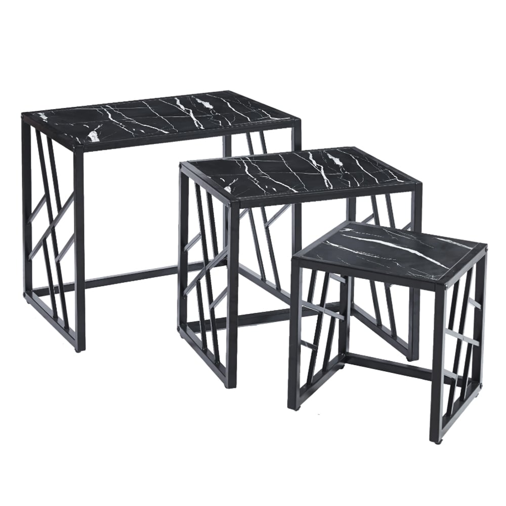 Ovid Gloss Black Marble Effect Nest Of 3 Tables With Black Frame