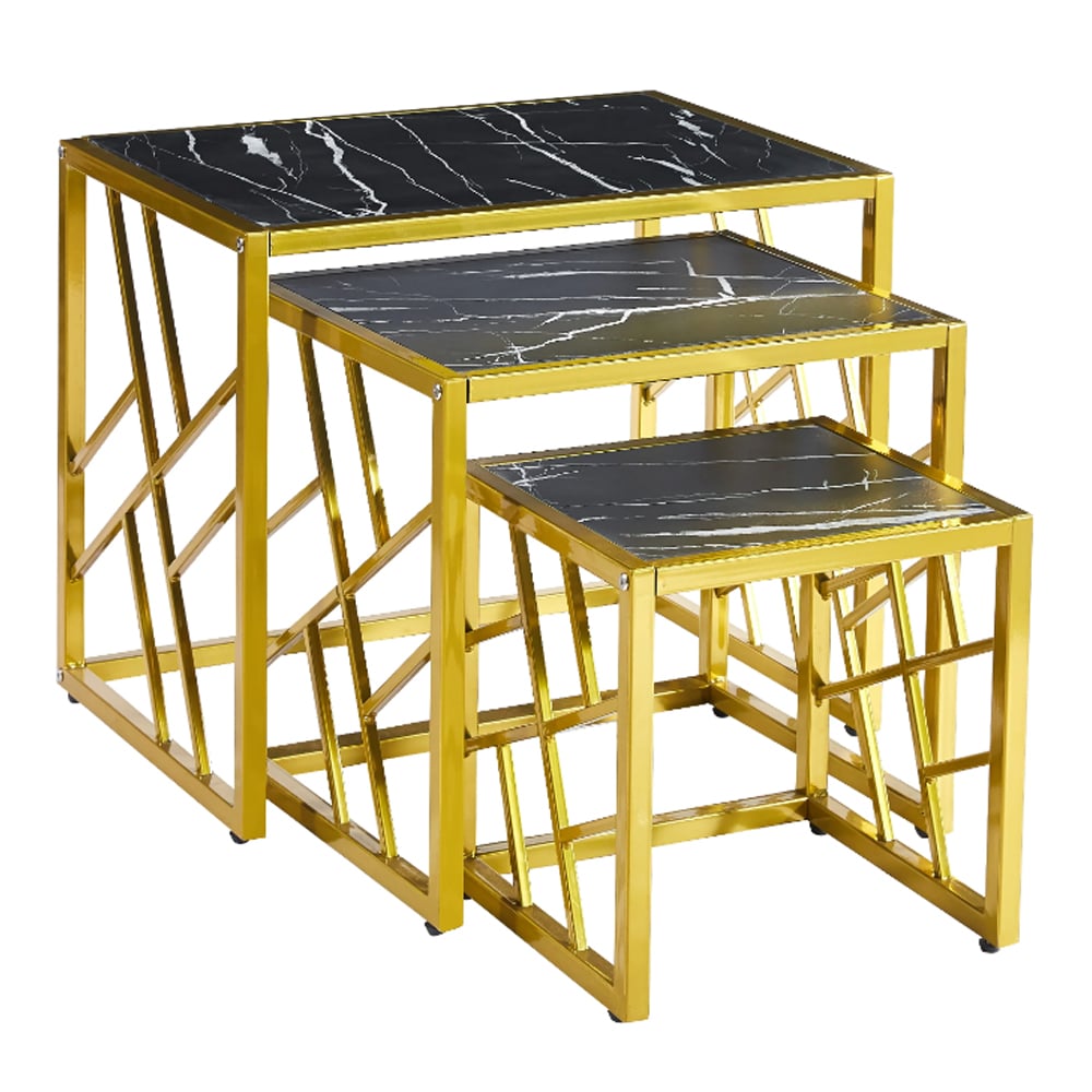 Ovid Gloss Black Marble Effect Nest Of 3 Tables With Gold Frame