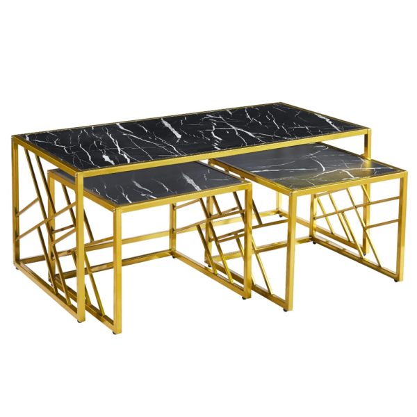 Ovid Gloss Black Marble Effect Nesting Coffee Tables With Gold Frame | Bed Sava
