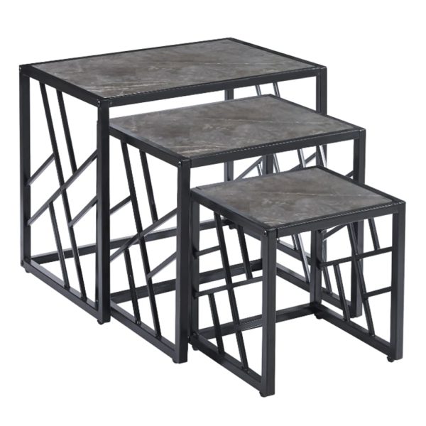 Ovid Gloss Grey Marble Effect Nest Of 3 Tables With Black Frame | Bed Sava