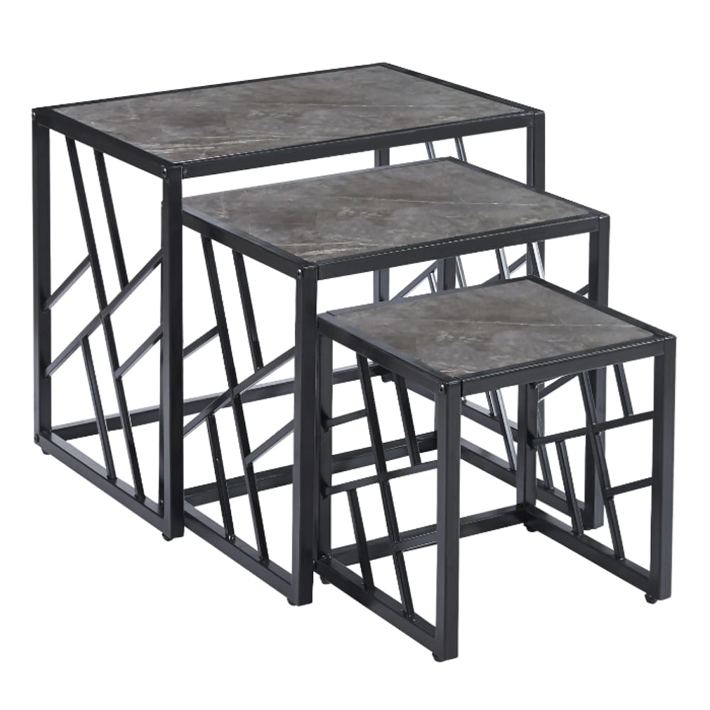 Ovid Gloss Grey Marble Effect Nest Of 3 Tables With Black Frame