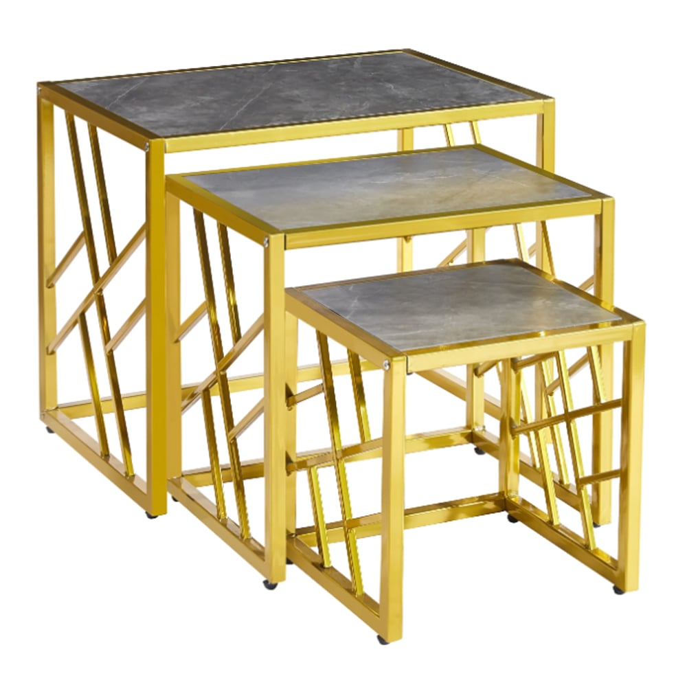 Ovid Gloss Grey Marble Effect Nest Of 3 Tables With Gold Frame