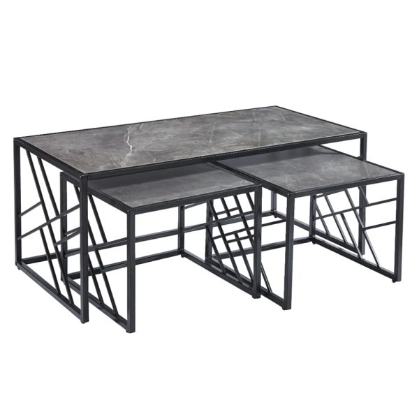 Ovid Gloss Grey Marble Effect Nesting Coffee Tables With Black Frame | Bed Sava