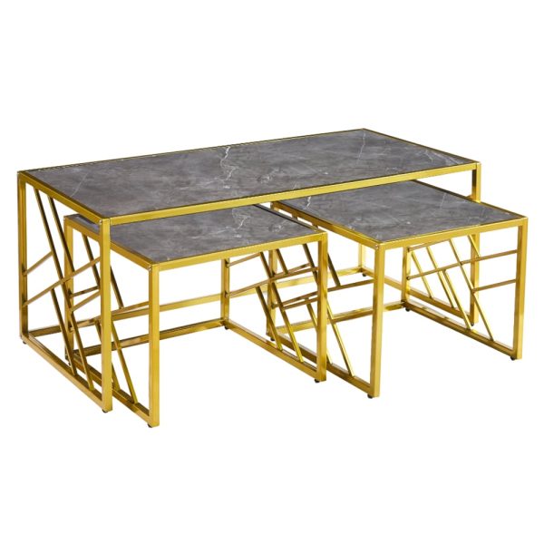 Ovid Gloss Grey Marble Effect Nesting Coffee Tables With Gold Frame | Bed Sava