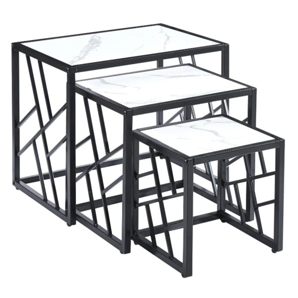 Ovid Gloss White Marble Effect Nest Of 3 Tables With Black Frame | Bed Sava