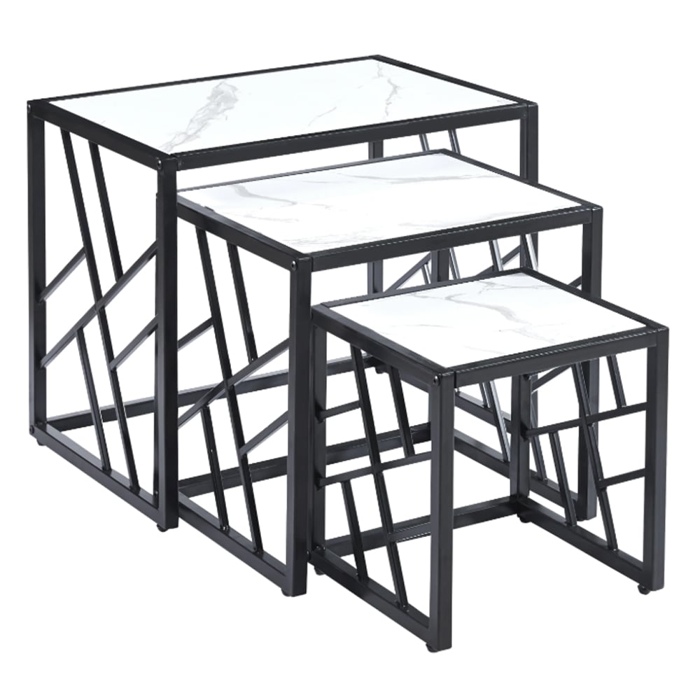 Ovid Gloss White Marble Effect Nest Of 3 Tables With Black Frame