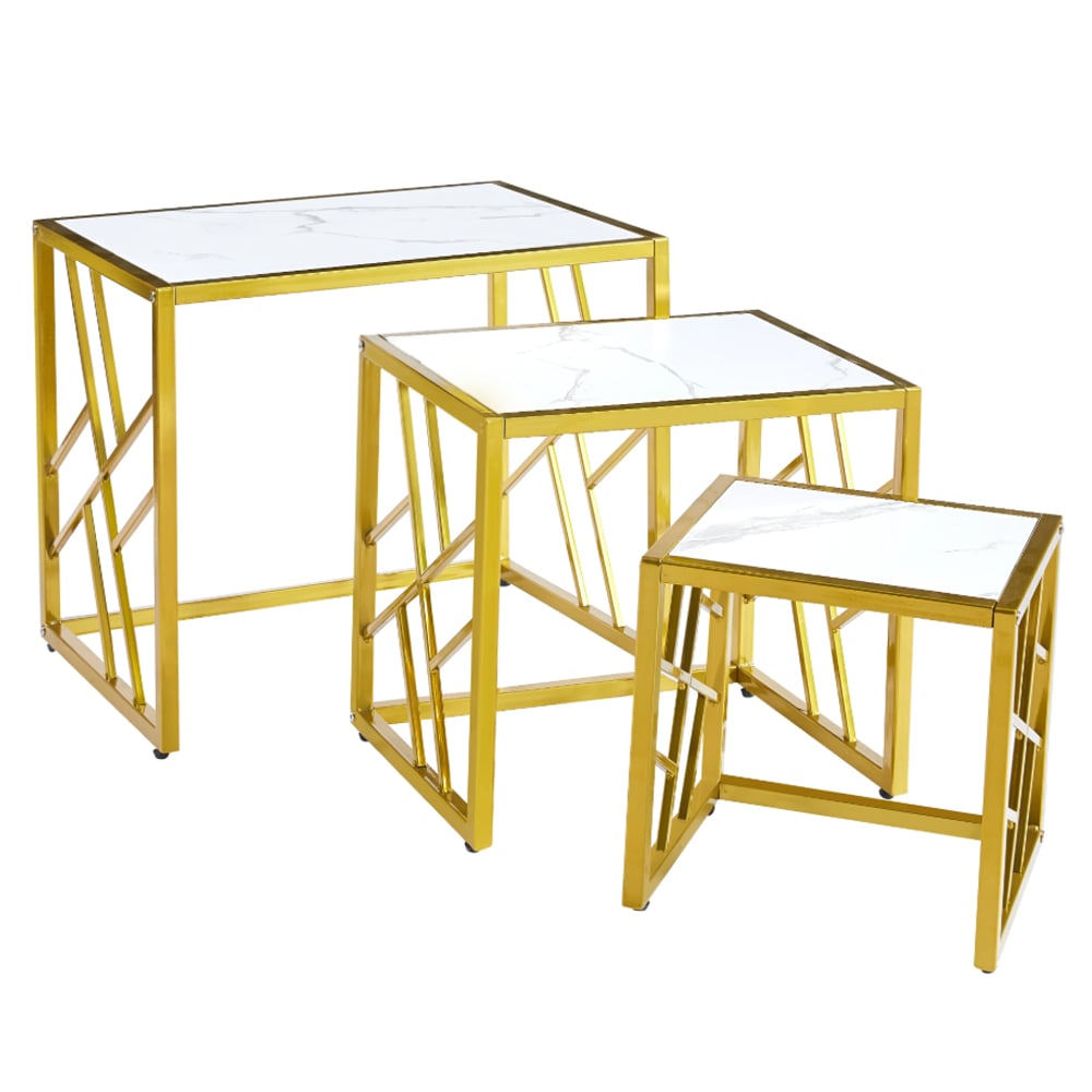 Ovid Gloss White Marble Effect Nest Of 3 Tables With Gold Frame
