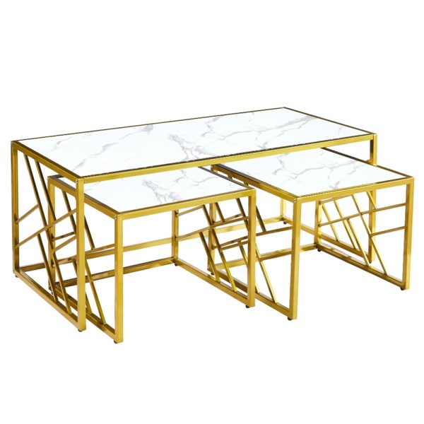 Ovid Gloss White Marble Effect Nesting Coffee Tables With Gold Frame | Bed Sava