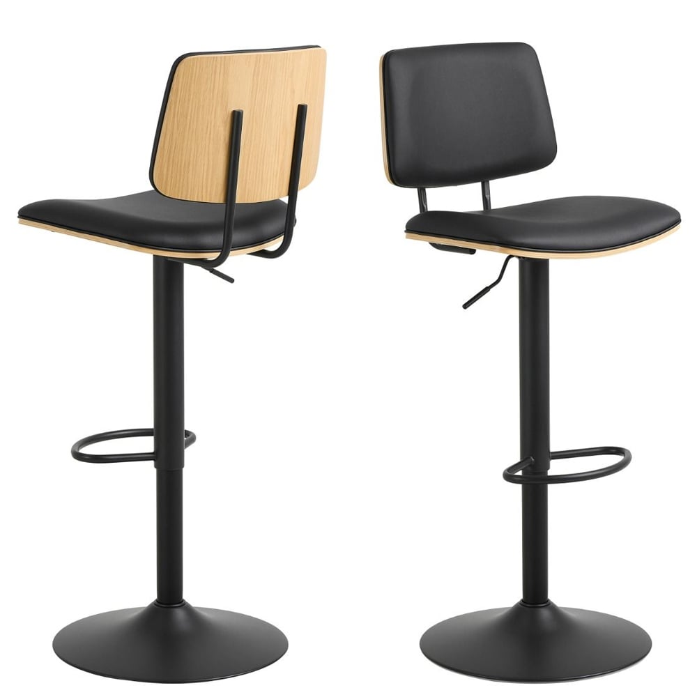 Owasso Matt Black Leather Bar Stools With Wooden Frame In Pair