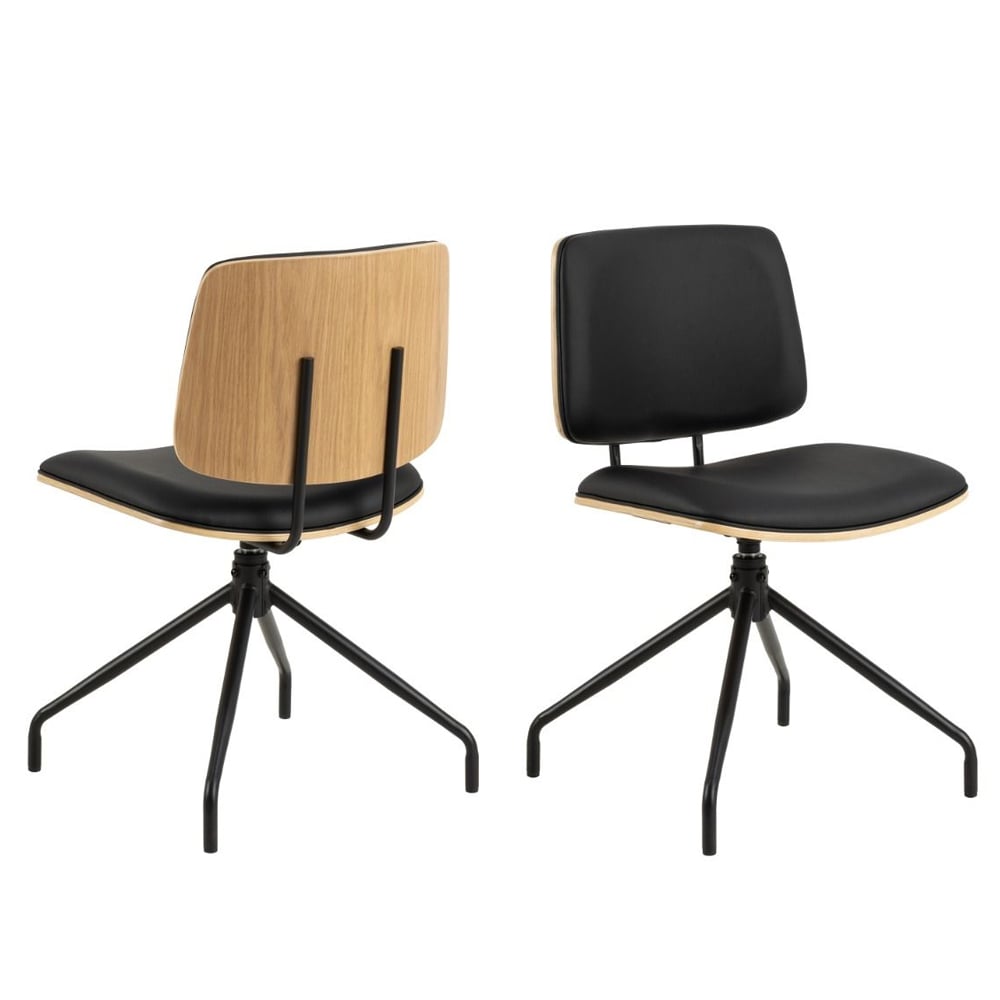 Owasso Matt Black Leather Dining Chairs With Wooden Frame In Pair