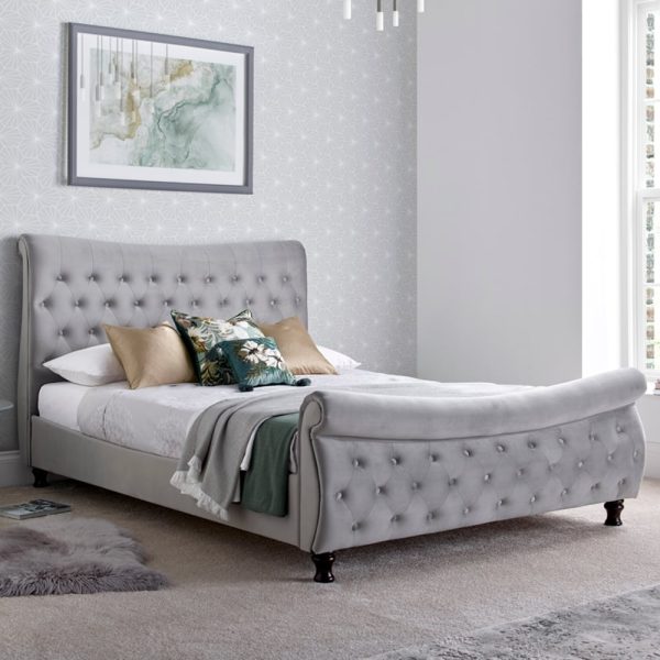 Owenton Chesterfield Velvet Double Bed In Grey | Bed Sava