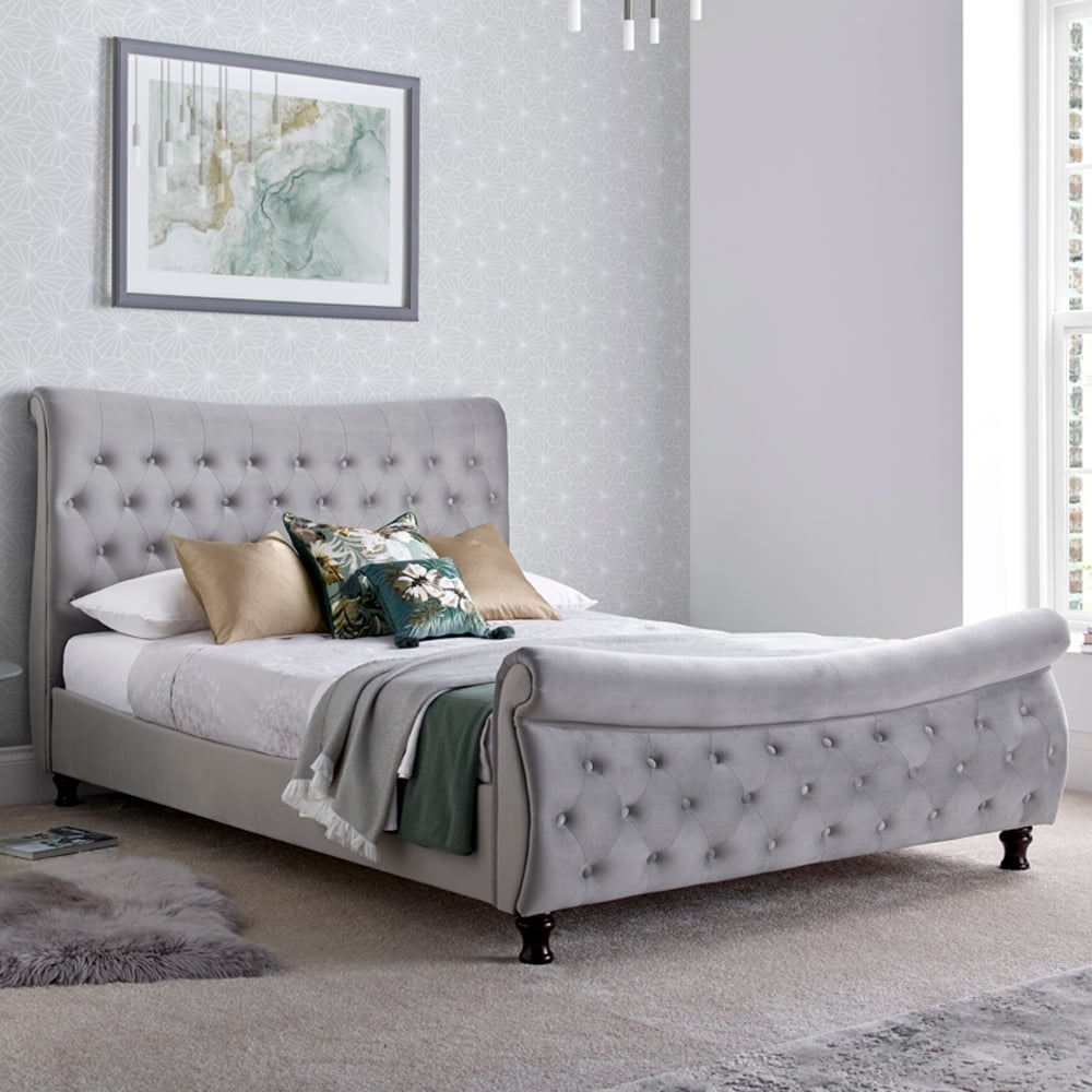 Owenton Chesterfield Velvet King Size Bed In Grey