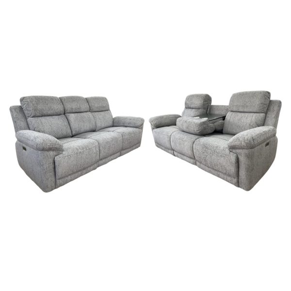 Owenton Fabric Electric Recliner 3+2 Seater Sofa Set In Grey | Bed Sava