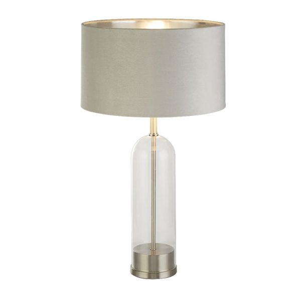 Oxford Grey Velvet Shade Table Lamp With Glass Brass Base | Bed Sava