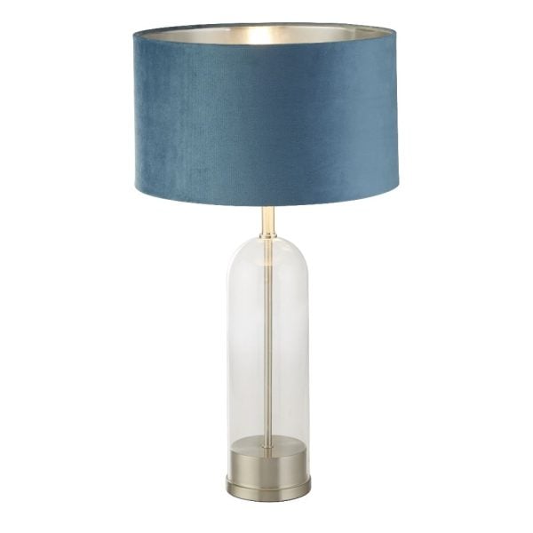 Oxford Teal Velvet Shade Table Lamp With Glass Brass Base | Bed Sava