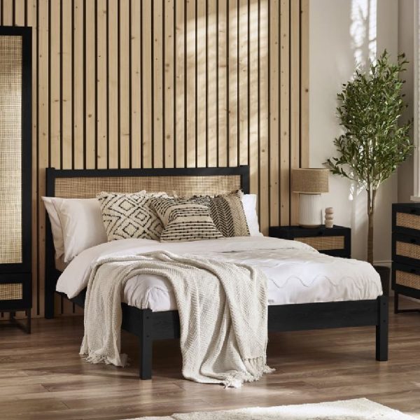 Pabla Wooden Double Bed With Rattan Headboard In Black | Bed Sava