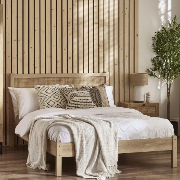Pabla Wooden Double Bed With Rattan Headboard In Oak | Bed Sava