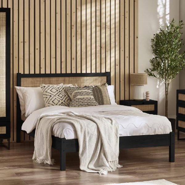 Pabla Wooden King Size Bed With Rattan Headboard In Black | Bed Sava