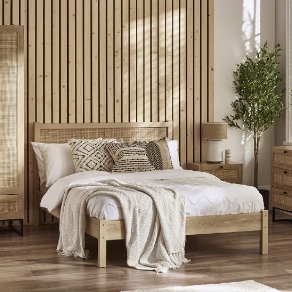 Pabla Wooden King Size Bed With Rattan Headboard In Oak | Bed Sava