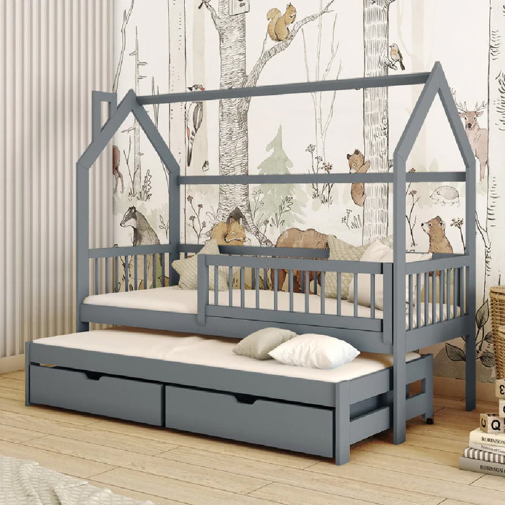 Paige Wooden Day Bed With Foam Mattress And Trundle In Graphite
