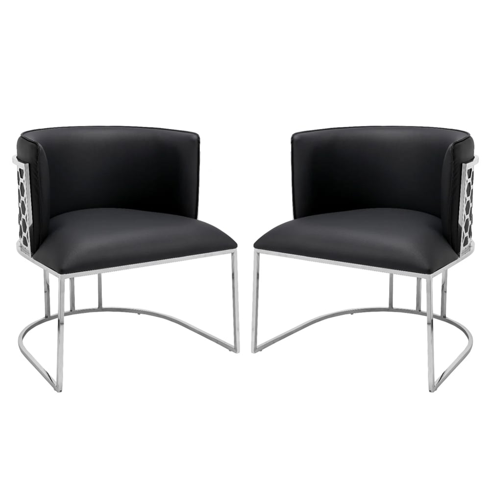 Palmer Black Faux Leather Dining Chairs With Silver Frame In Pair