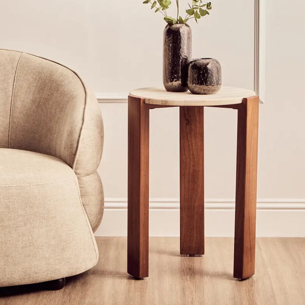 Paramus Cream Travertine Top Side Table With Wooden Legs