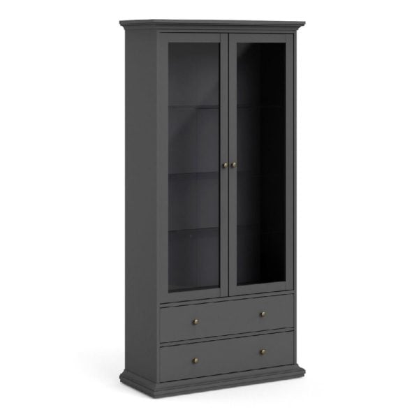 Parayo Wooden Display Cabinet With 2 Doors 2 Drawers In Grey | Bed Sava