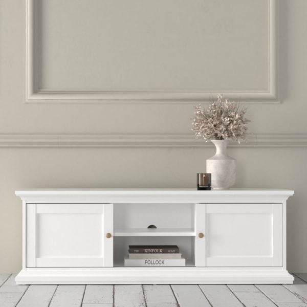 Parayo Wooden TV Stand With 2 Sliding Doors In White | Bed Sava