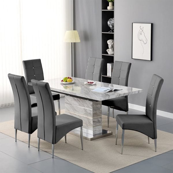 Parini Small Extending Magnesia Dining Table 6 Vesta Grey Chairs | Bed Sava