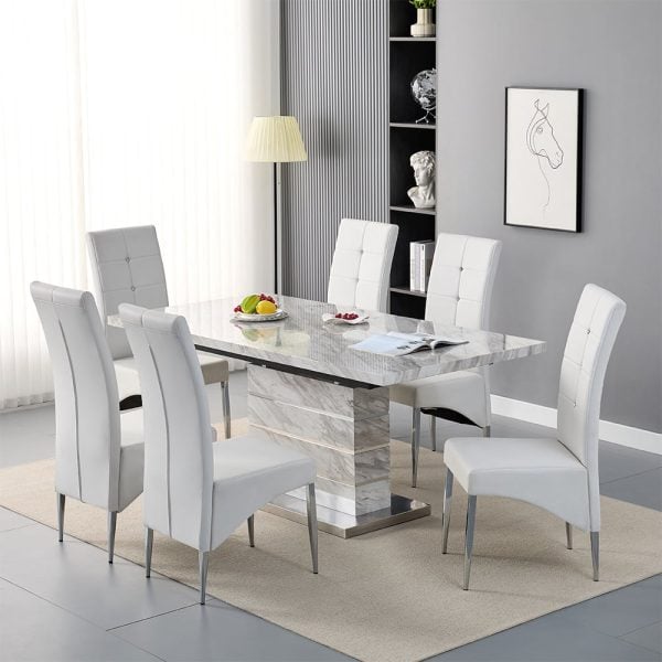 Parini Small Extending Magnesia Dining Table 6 Vesta White Chairs | Bed Sava