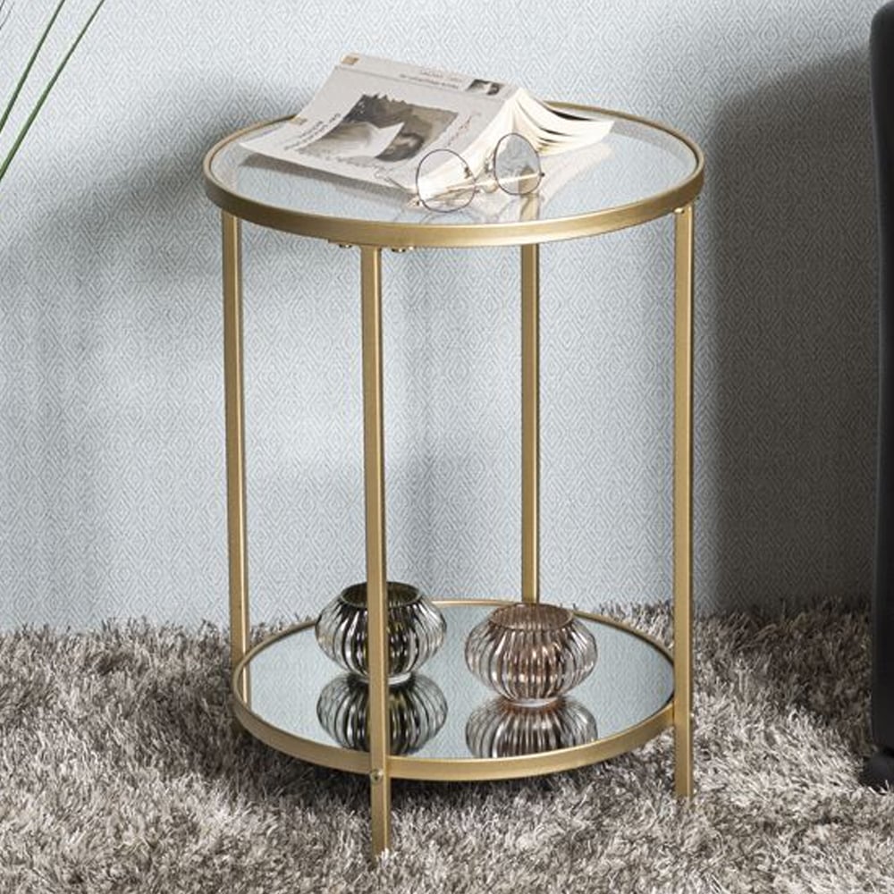 Parowan Small Mirrored Round End Table With Gold Steel Frame
