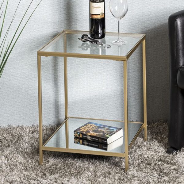 Parowan Small Mirrored Square End Table With Gold Steel Frame | Bed Sava
