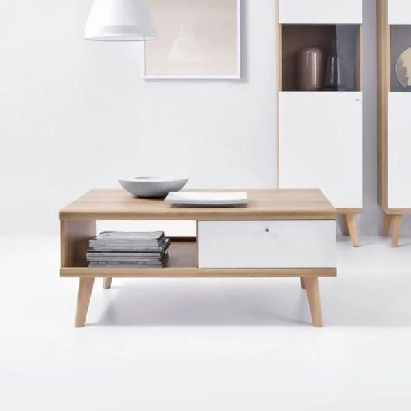 Pasco Wooden Coffee Table With 2 Drawers In Matt White And Oak | Bed Sava