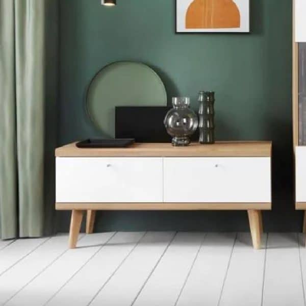 Pasco Wooden TV Stand With 2 Flip Doors In Matt White And Oak | Bed Sava