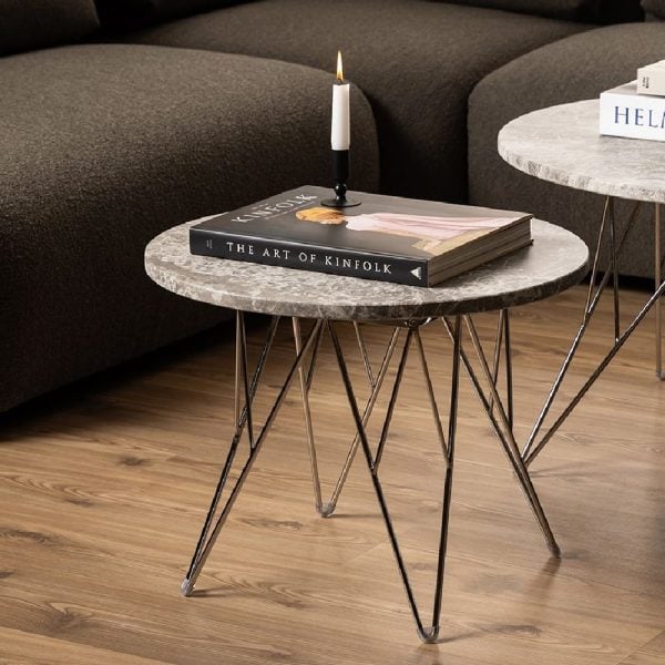 Patoka Grey Brown Marble Side Table With Chrome Frame | Bed Sava