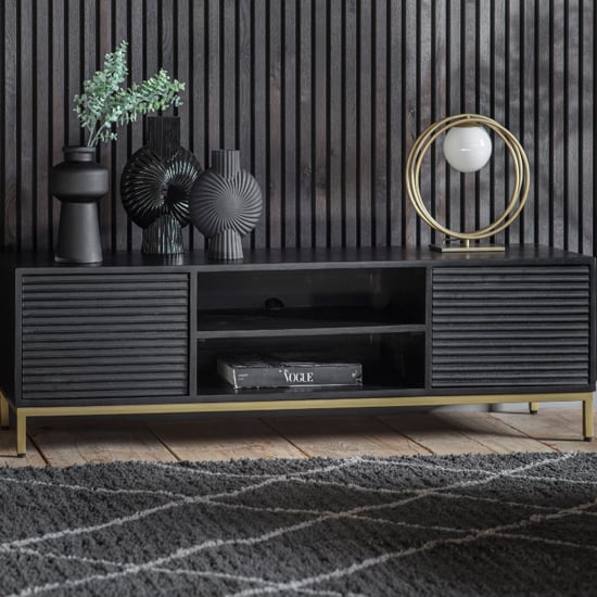 Pauls Wooden TV Stand With 2 Doors 2 Shelves In Black